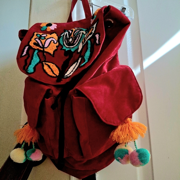 America & Beyond Drawstring Pom Pom Backpack  Floral Suede School Bag Girls Gift - Picture 10 of 17